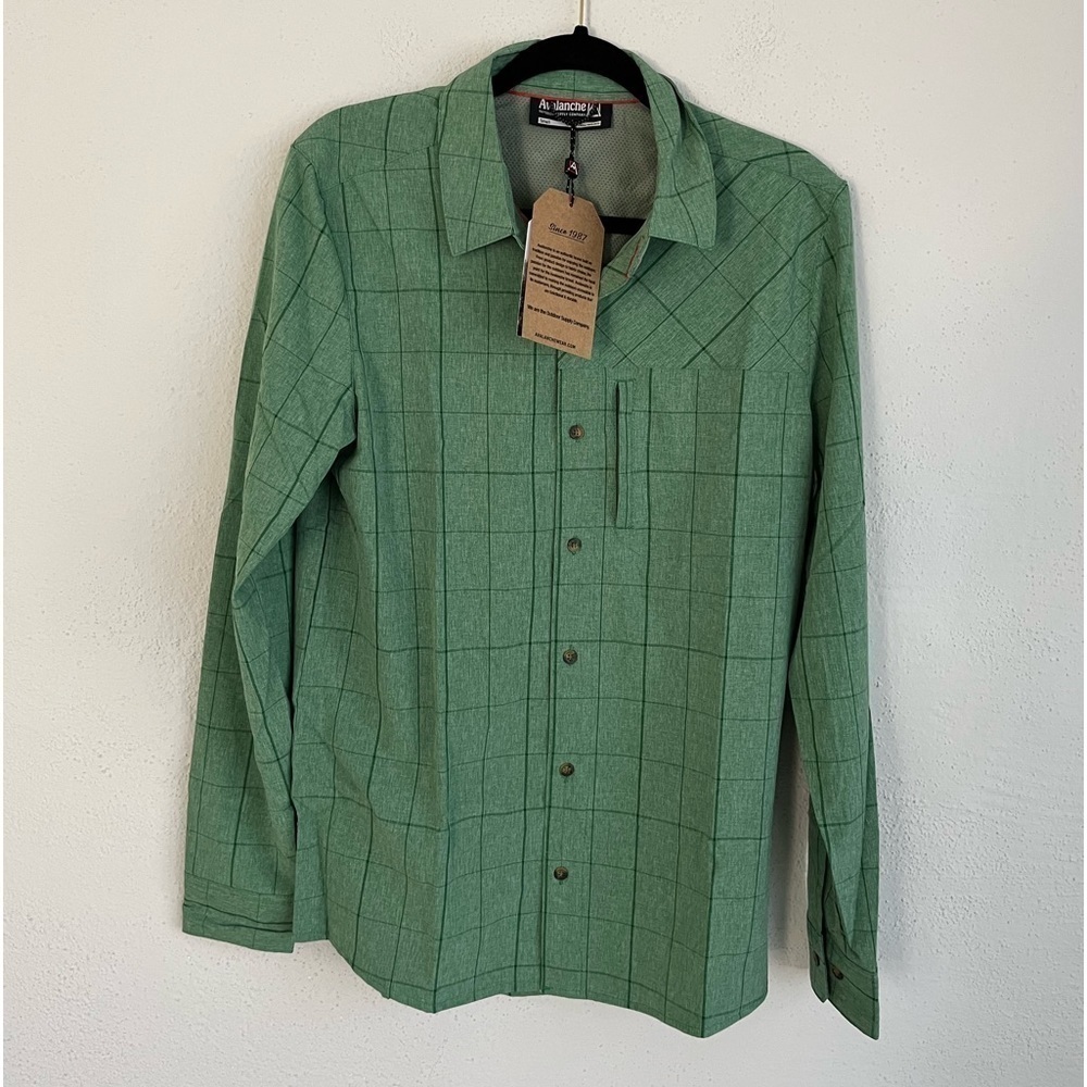 AVALANCHE Man Green Full Button Down Shirt with Zip Pocket, Size Small